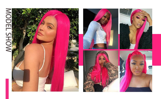 Collage of a model with bright pink hair in various settings.