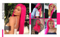 Collage of a model with bright pink hair in various settings.