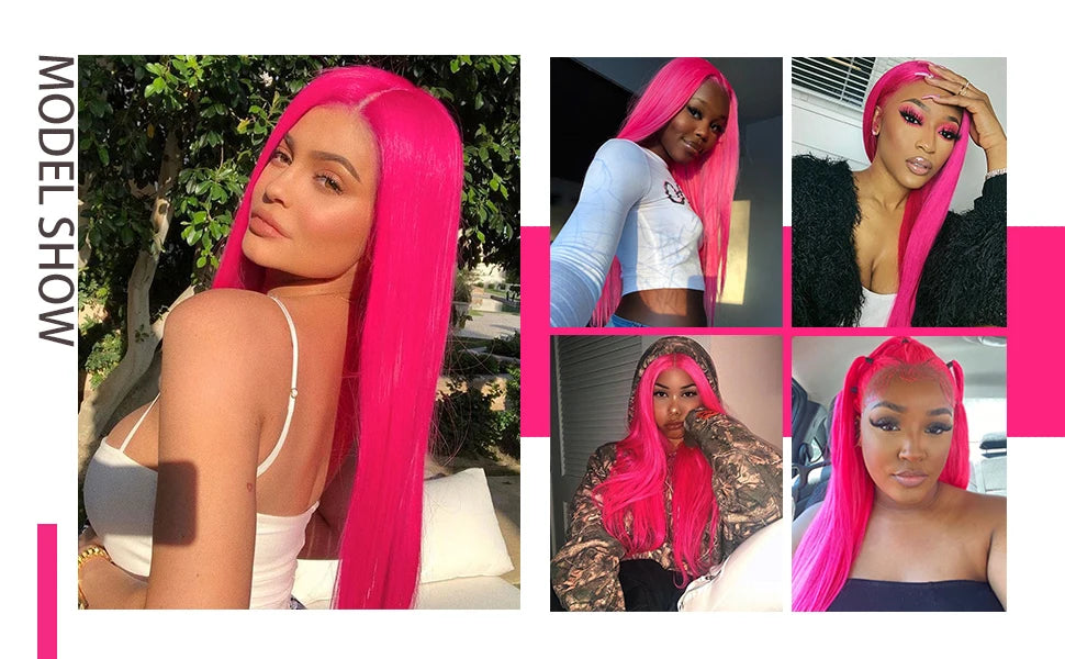 Collage of a model with bright pink hair in various settings.