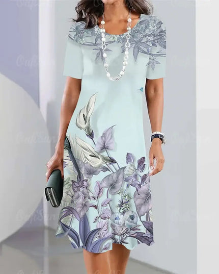 Summer women's dresses 3d floral print featuring elegant loose A-line skirt and short sleeves for a stylish look.