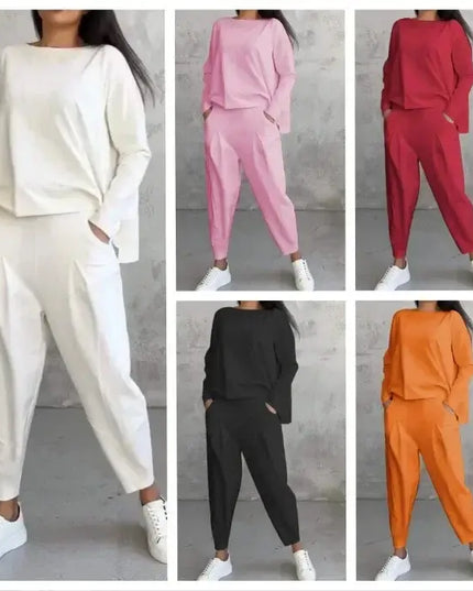 Women's Two-piece Solid Color Round Neck Long Sleeved Top and Casual Pants Set for Autumn 2024