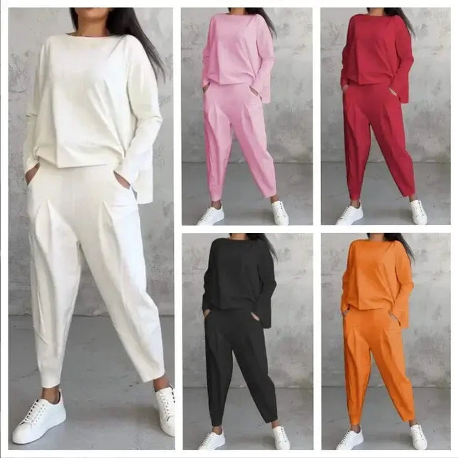 Women's Two-piece Solid Color Round Neck Long Sleeved Top and Casual Pants Set for Autumn 2024