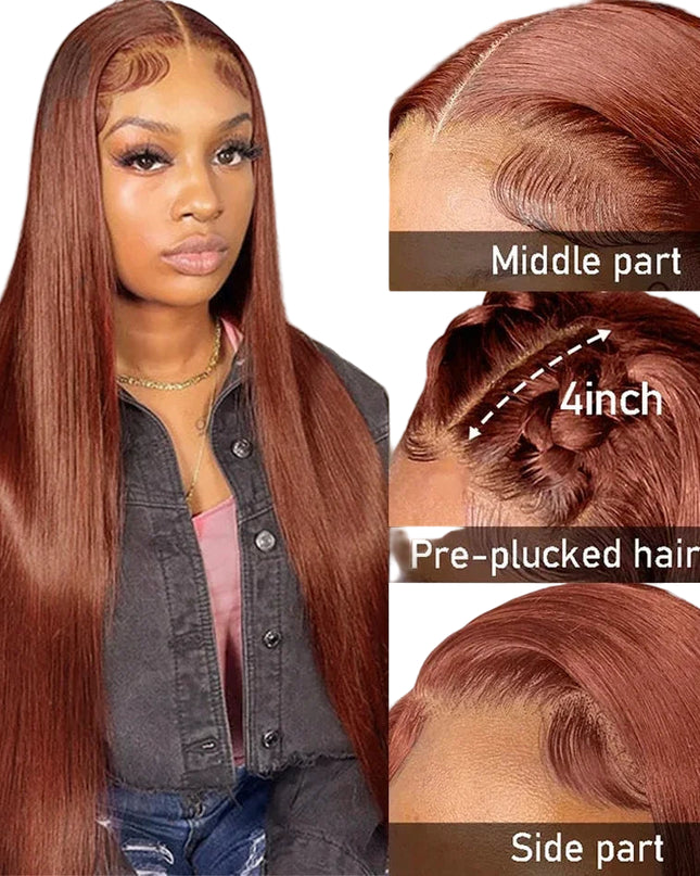 Woman with long brown hair and close-up details of a lace wig.