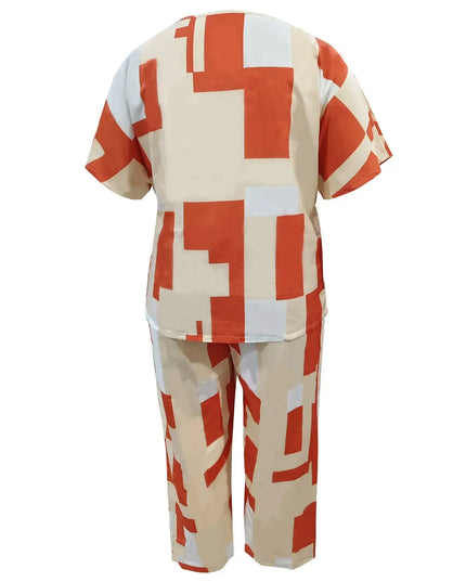Plus - Size Retro Geometric Set! Brown & White Color - Block, Slay Your Daily Outings