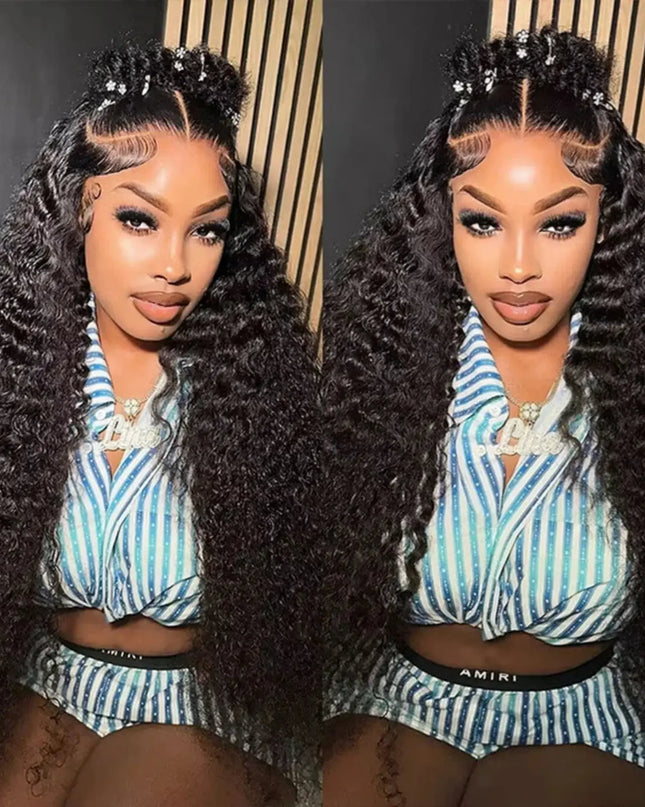Woman with styled hair wearing a blue and white striped outfit against a neutral background