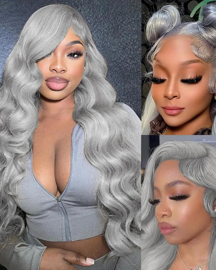Collage of a woman with silver hair styled in different ways.