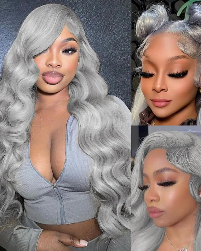 Collage of a woman with silver hair styled in different ways.