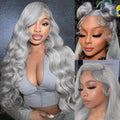 Collage of a woman with silver hair styled in different ways.