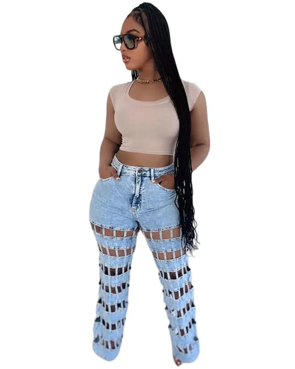 High Waist Hollow Out Denim Pants - Chic & Trendy Style