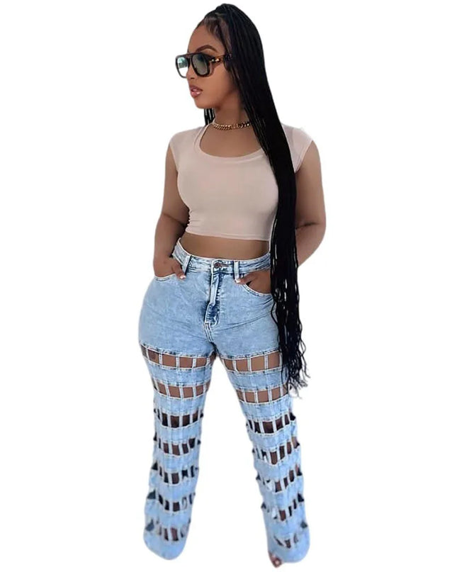 High Waist Hollow Out Denim Pants - Chic & Trendy Style