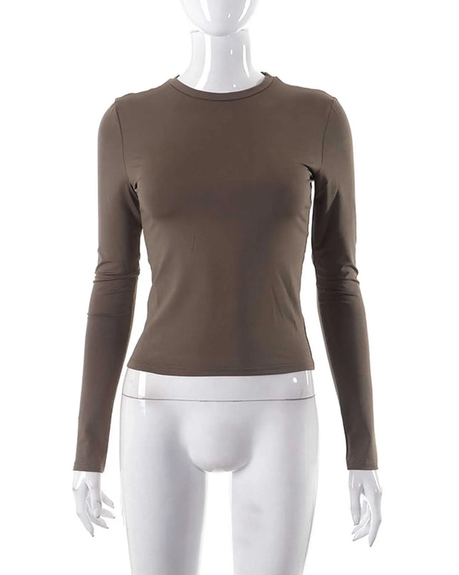Women’s Long Sleeve O-Neck Crop Top in brown color, slim fit basic tee for versatile styling.