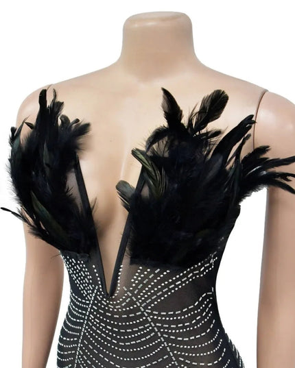Mannequin wearing a black dress with feather details on a white background