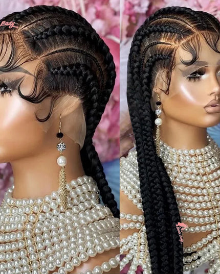 Two mannequin heads with styled hair and pearl accessories against a floral background.