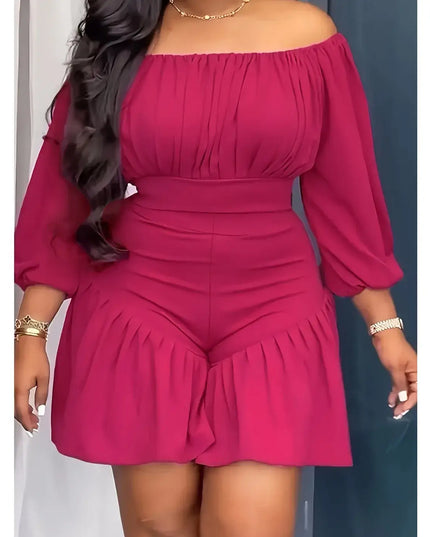 Rose Red Casual Off-the-shoulder Three-quarter Sleeve Ruffle Fitted Holiday Jumpsuit