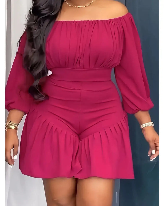 Rose Red Casual Off-the-shoulder Three-quarter Sleeve Ruffle Fitted Holiday Jumpsuit
