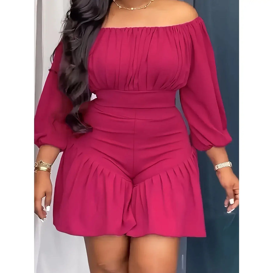 Rose Red Casual Off-the-shoulder Three-quarter Sleeve Ruffle Fitted Holiday Jumpsuit