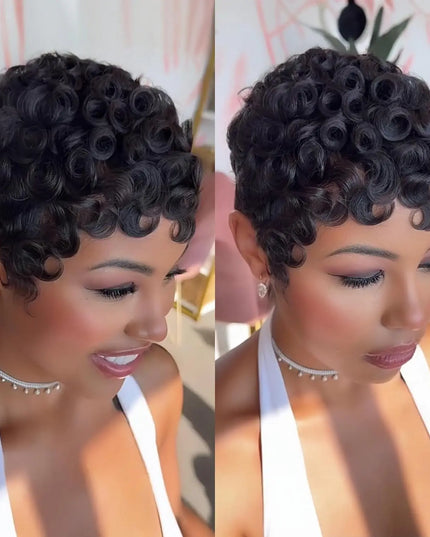 Curly pixie cut wigs for women showcasing short layered Brazilian human hair wig with tight curls.