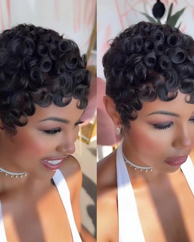 Curly pixie cut wigs for women showcasing short layered Brazilian human hair wig with tight curls.