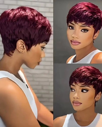 Collage of a woman with a burgundy short haircut from different angles.