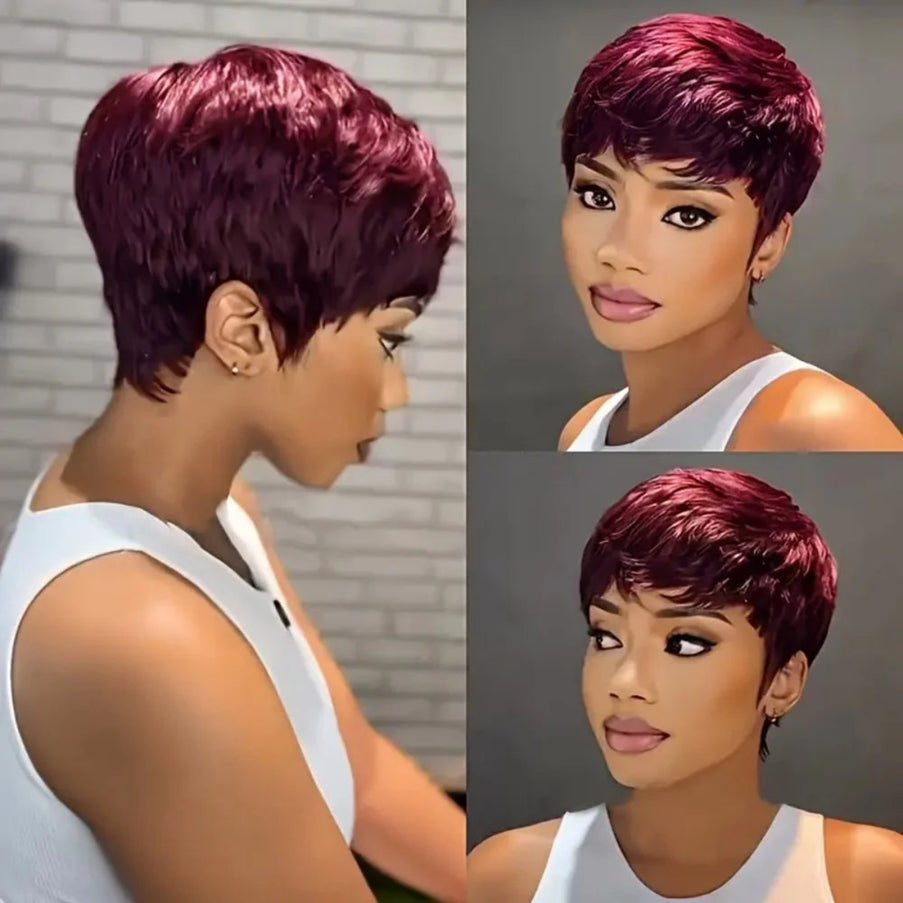 Collage of a woman with a burgundy short haircut from different angles.