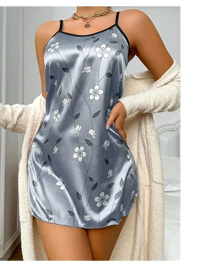Women's Sleepdress Satin Floral Print Nightdress Comfortable Spaghetti Strap Sleepwear Dress Luxurious Satin Slip Nightdress