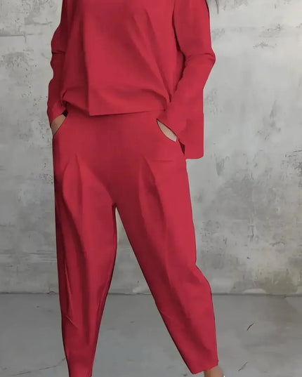 Women's Two-piece Solid Color Round Neck Long Sleeved Top and Casual Pants Set for Autumn 2024