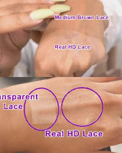 Comparison of medium brown, real HD, and transparent lace on a person's arm.