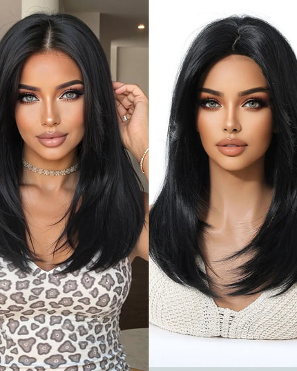 Blonde Synthetic Wigs with Bangs Medium Length Layered Straight Wig Natural Highlight Hair