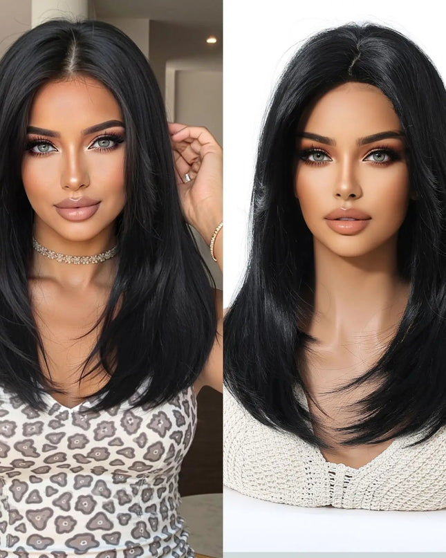 Blonde Synthetic Wigs with Bangs Medium Length Layered Straight Wig Natural Highlight Hair