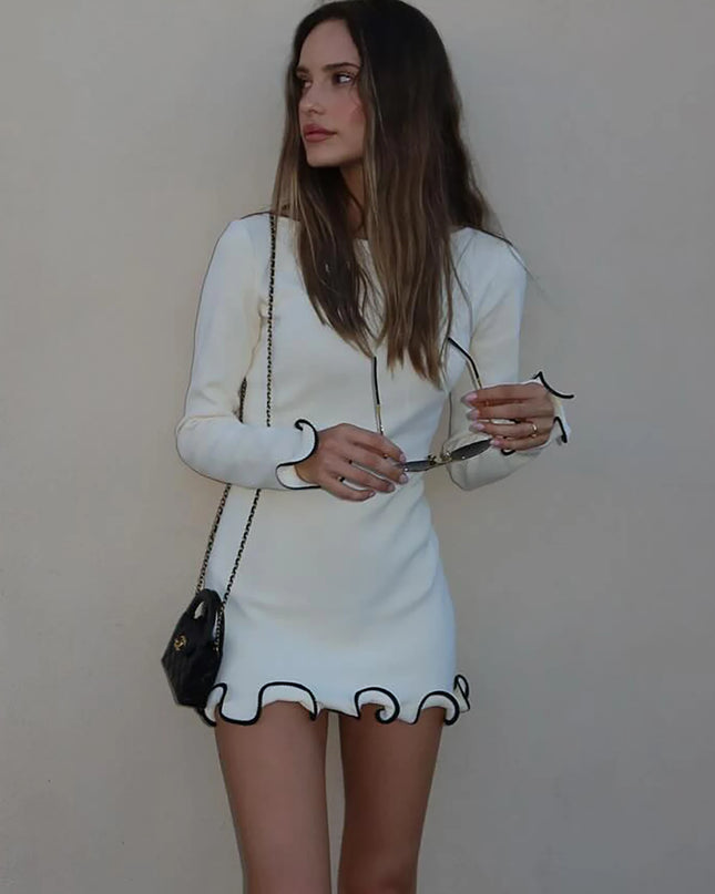 womens bodycon mini dress with long sleeves and ruffled edges, perfect for elegant occasions