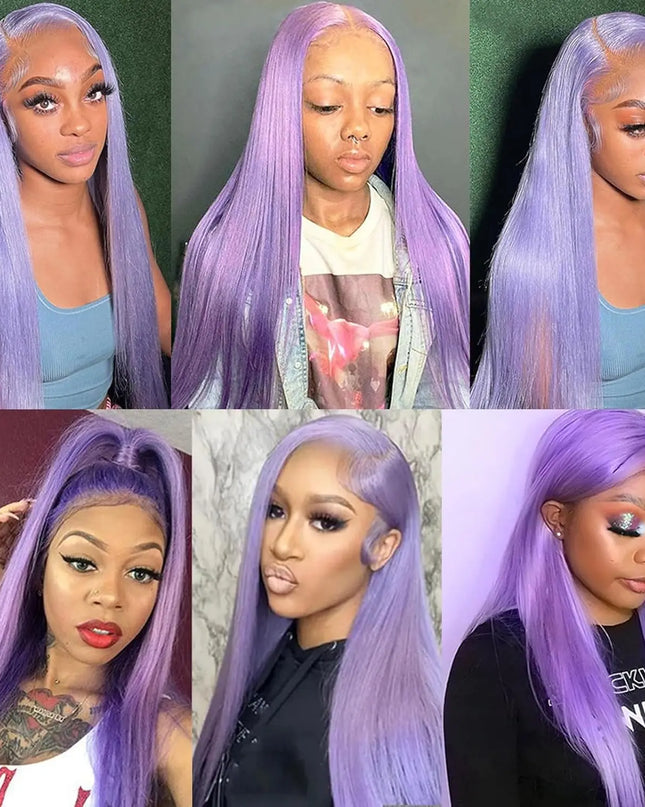 Collage of a woman with purple hair styled in different ways against various backgrounds.
