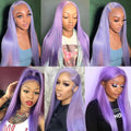 Collage of a woman with purple hair styled in different ways against various backgrounds.