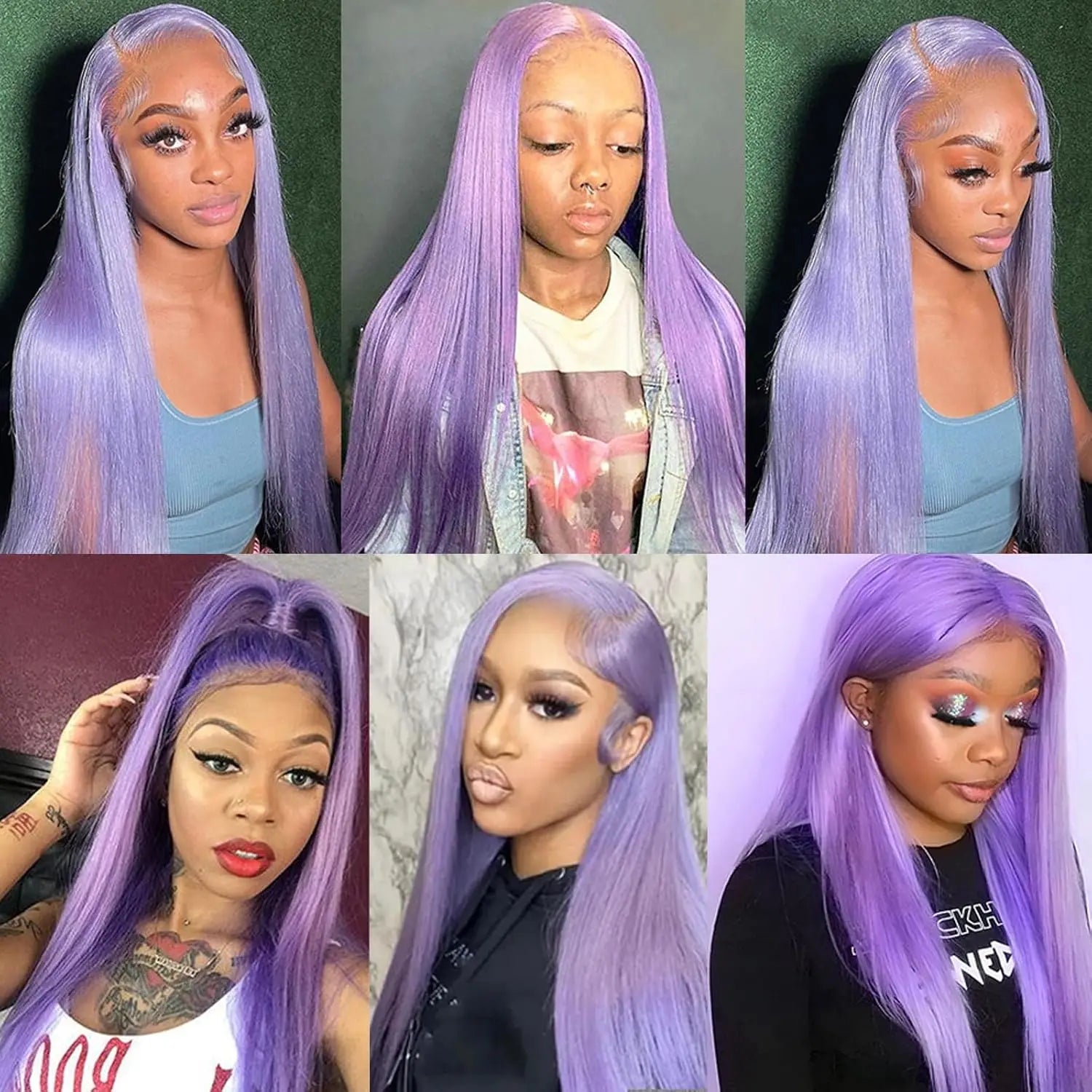 Collage of a woman with purple hair styled in different ways against various backgrounds.