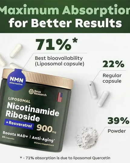 Booster 900mg Nicotinamide Riboside supplement with bioavailability info and powder detail for anti-aging benefits.