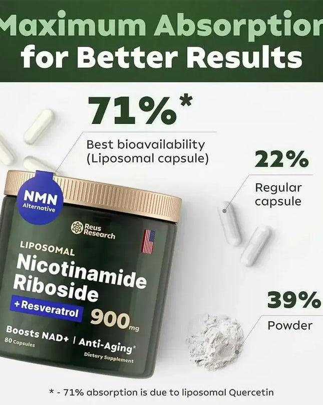 Booster 900mg Nicotinamide Riboside supplement with bioavailability info and powder detail for anti-aging benefits.