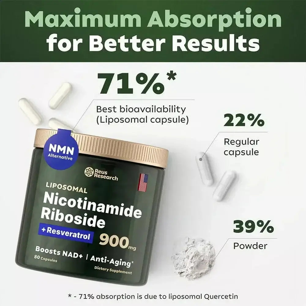 Booster 900mg Nicotinamide Riboside supplement with bioavailability info and powder detail for anti-aging benefits.