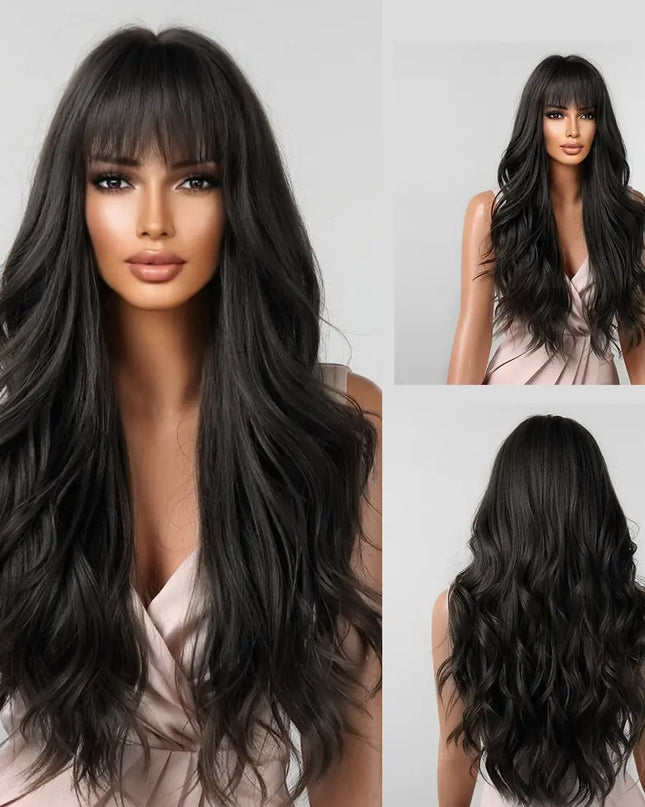 Brown Wavy Wigs for Women with Bangs Long Natural Synthetic Hair Wig Daily Cosplay Heat Resistant