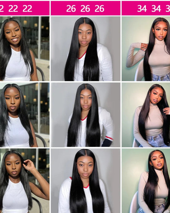 Grid of nine images showing a person with long black hair in different hairstyles and outfits.