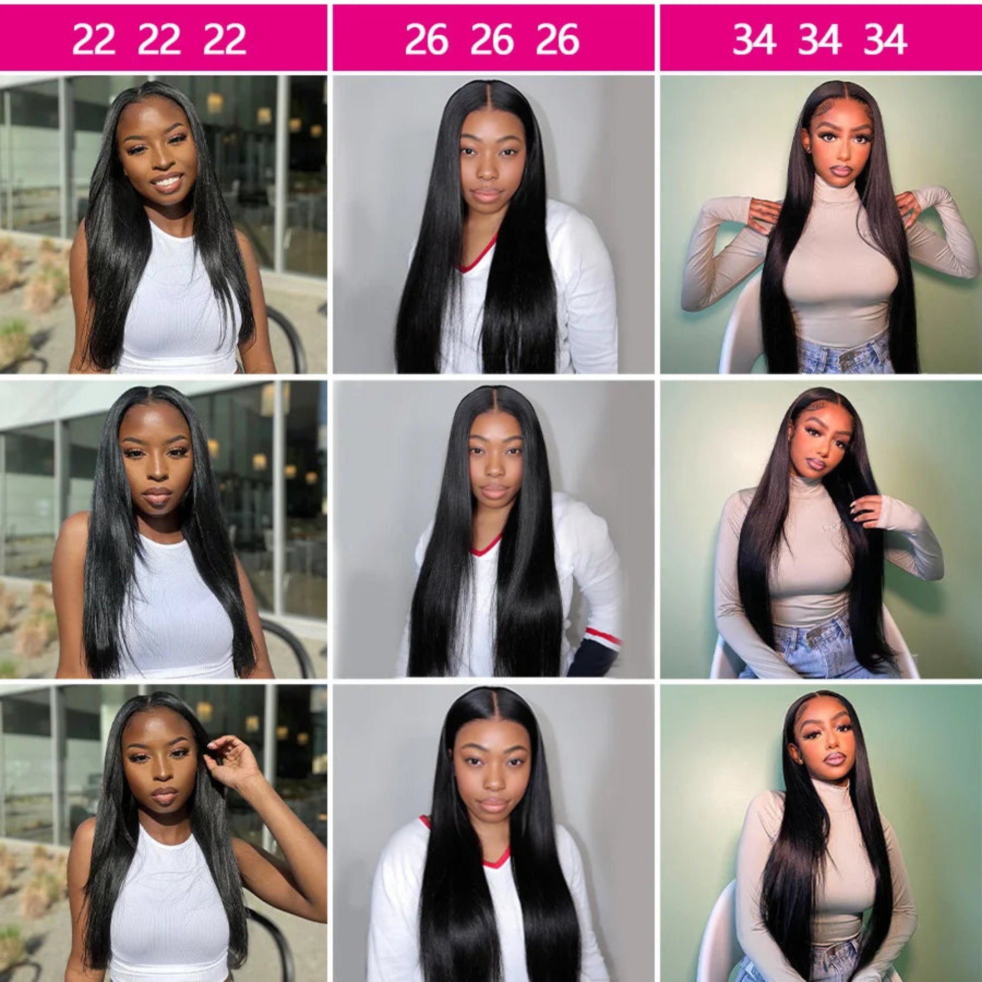 Grid of nine images showing a person with long black hair in different hairstyles and outfits.