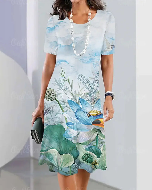 Summer women's dresses 3d floral print featuring elegant loose A-line skirt and short sleeves, perfect for summer fashion.