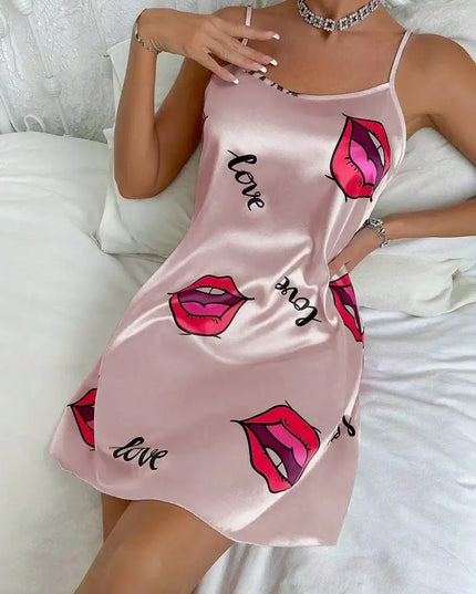 Women's Sleepdress Satin Floral Print Nightdress Comfortable Spaghetti Strap Sleepwear Dress Luxurious Satin Slip Nightdress