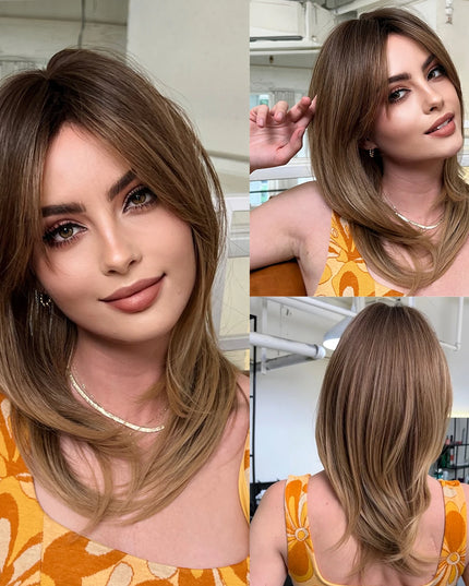 Blonde Synthetic Wigs with Bangs Medium Length Layered Straight Wig Natural Highlight Hair