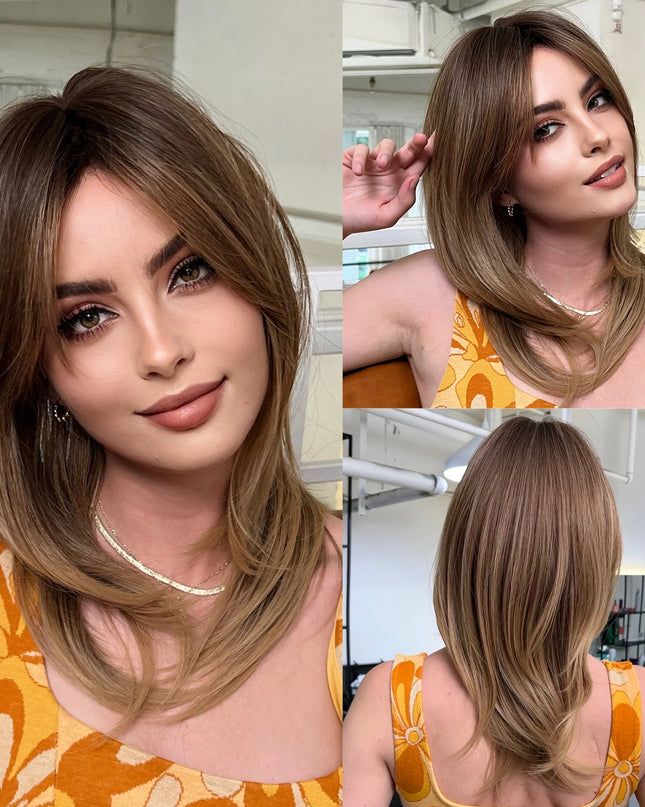 Blonde Synthetic Wigs with Bangs Medium Length Layered Straight Wig Natural Highlight Hair