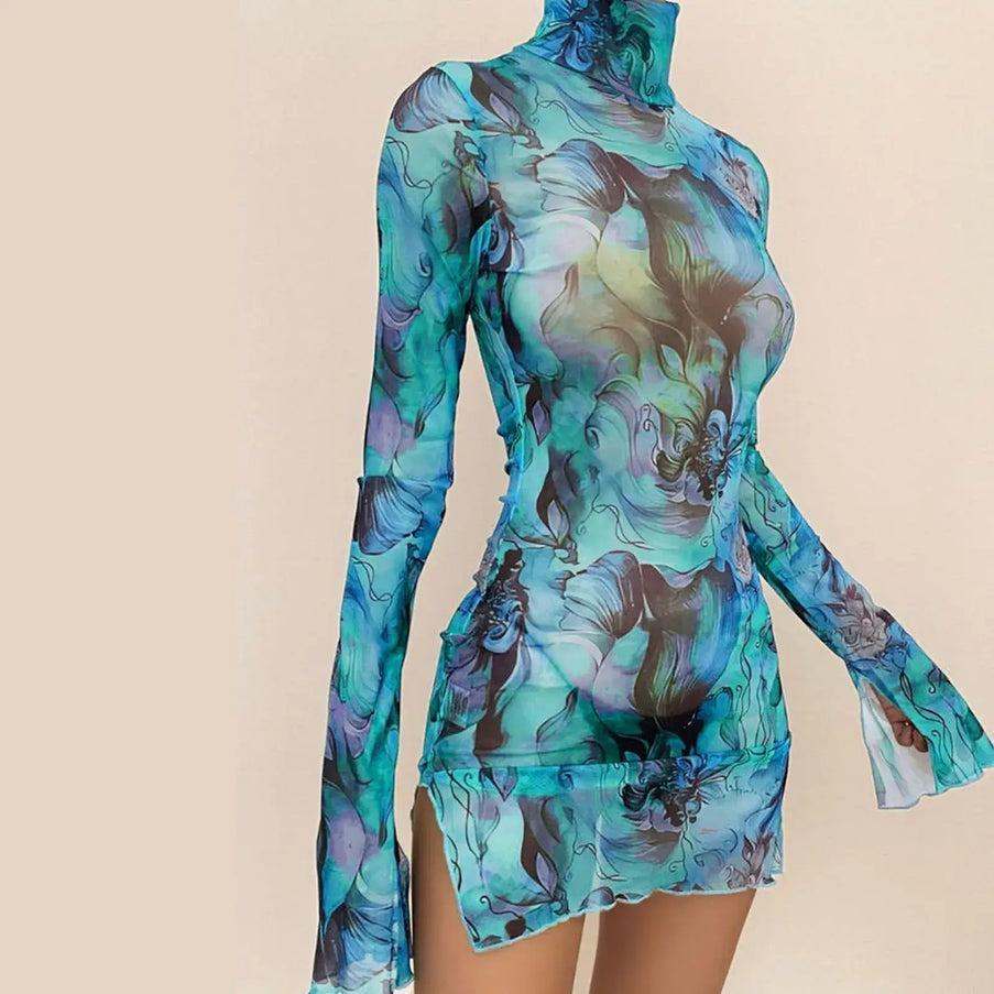 Y2K mesh bodycon dress in vibrant blue and green print with bell sleeves and open hip design, perfect for parties.