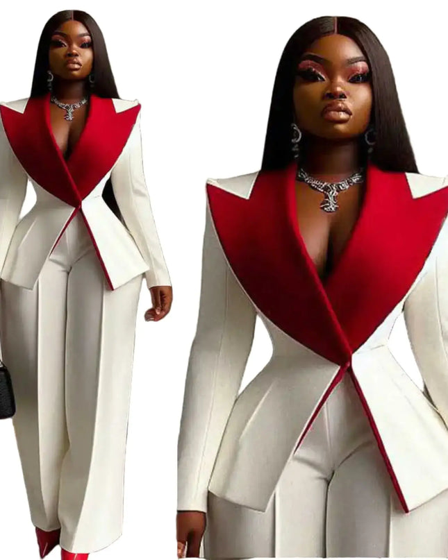 Woman wearing a white and red outfit with a matching handbag indoors.