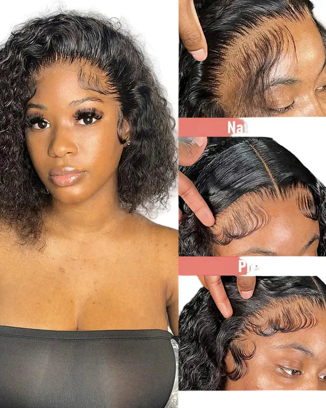 Collage showing a woman with styled hair and close-ups of a wig labeled 'Natural Hairline', 'Pre-Plucked', and 'Baby Hair Around'.