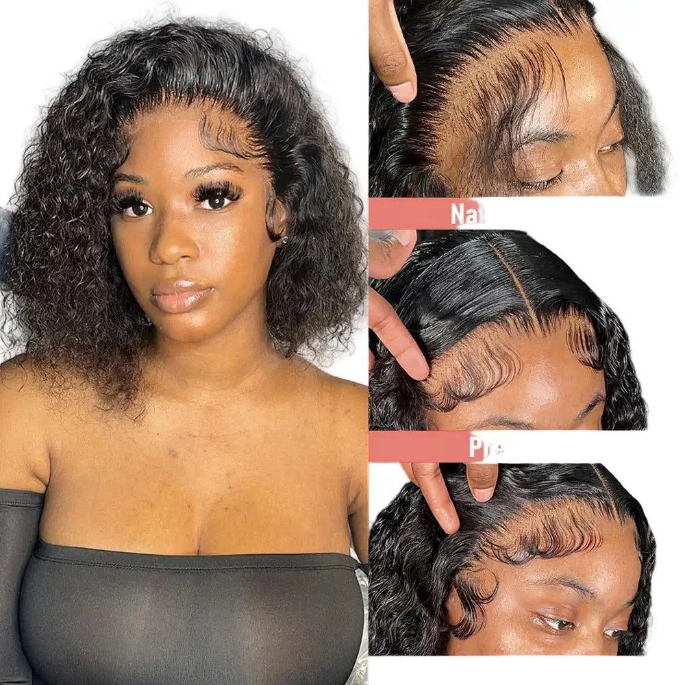 Collage showing a woman with styled hair and close-ups of a wig labeled 'Natural Hairline', 'Pre-Plucked', and 'Baby Hair Around'.