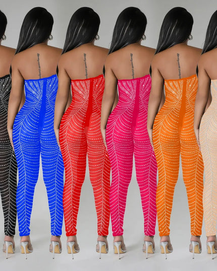 HLJ Sexy Feather Luxury Rhinestone Bodycon Jumpsuits Women Mesh Sleeveless