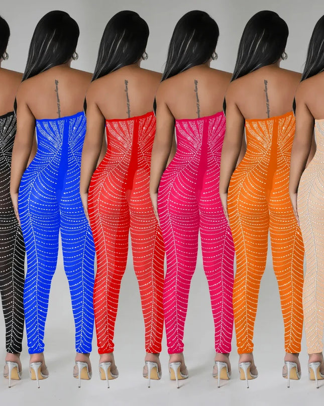 HLJ Sexy Feather Luxury Rhinestone Bodycon Jumpsuits Women Mesh Sleeveless