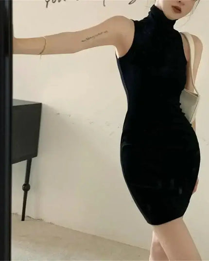 Summer High Neck Bodycon Dress | Oversleeve Tight Fit Wrapped Hip Dres